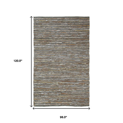 8' X 10' Steel Blue Striped Handmade Leather Area Rug