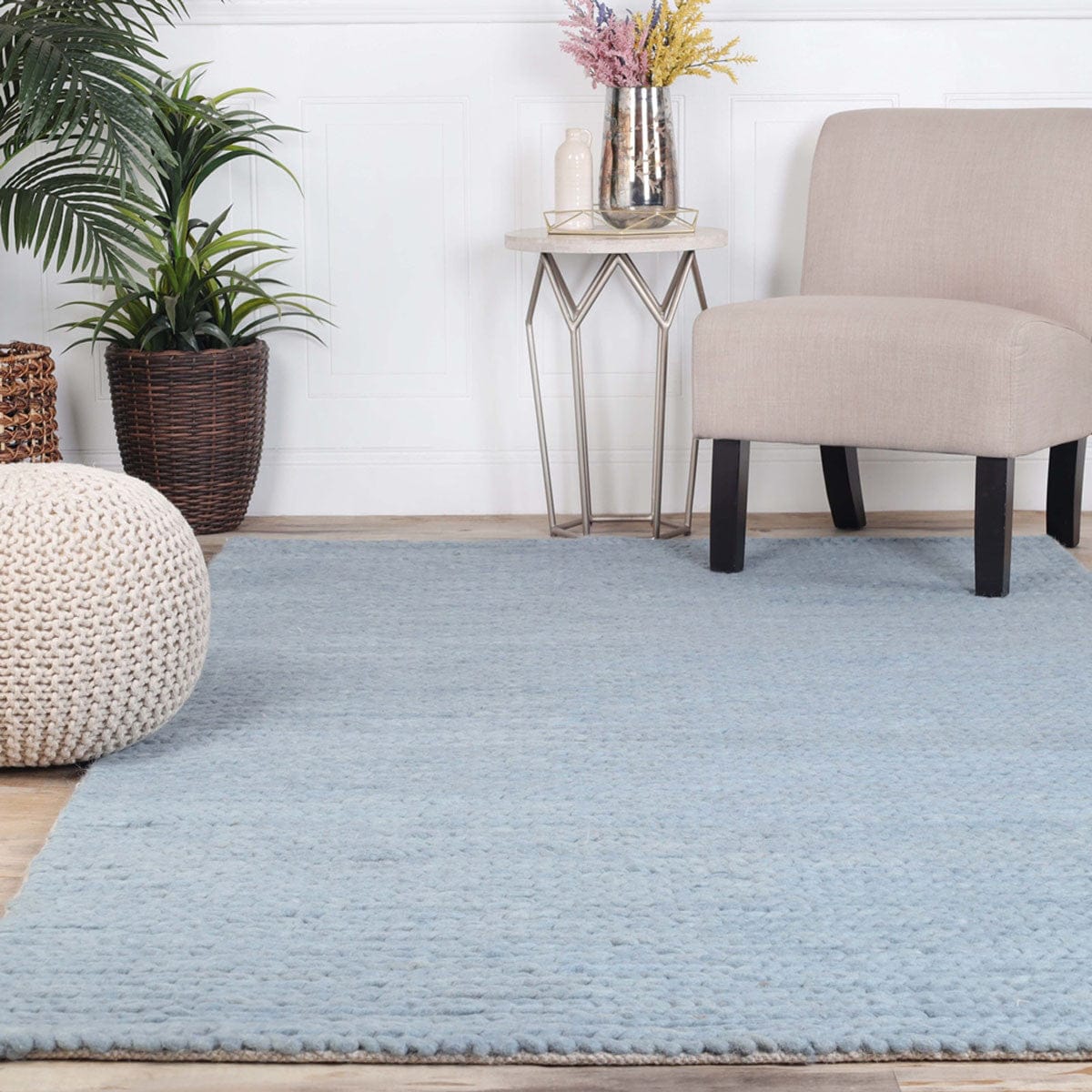 4' X 6' Light Blue Wool Handmade Stain Resistant Area Rug