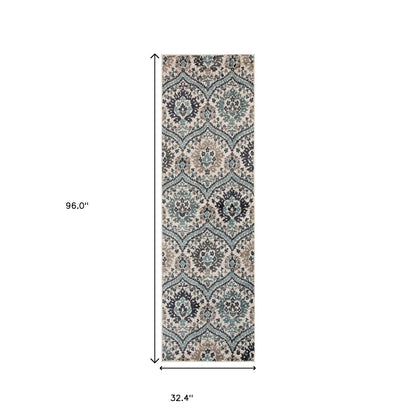 8' Ivory Blue And Gray Floral Stain Resistant Runner Rug
