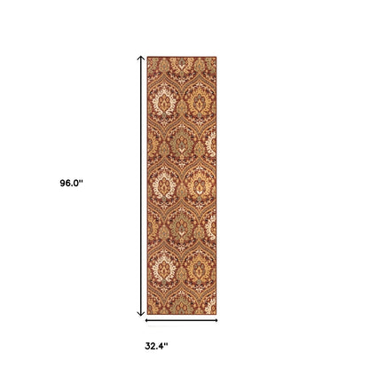 8' Red Gold And Olive Floral Stain Resistant Runner Rug