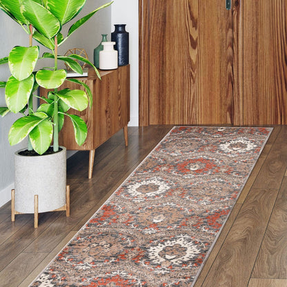 8' Runner Rust Floral Stain Resistant Runner Rug
