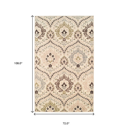 6' X 9' Ivory Gray And Olive Floral Stain Resistant Area Rug