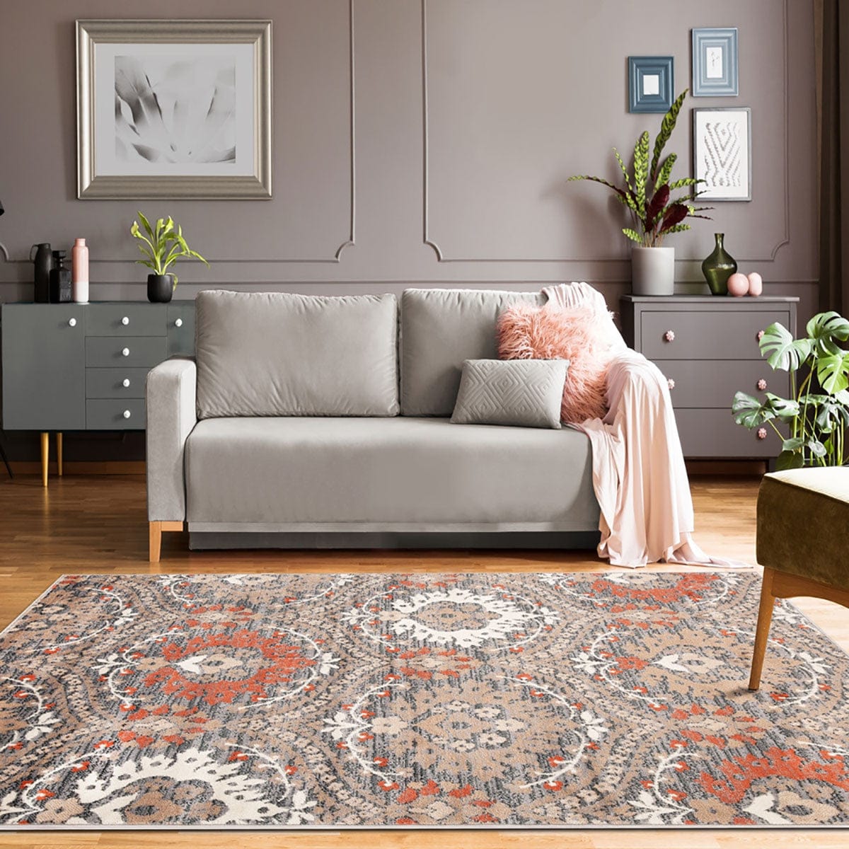 7' X 9' Rust Floral Stain Resistant Area Rug