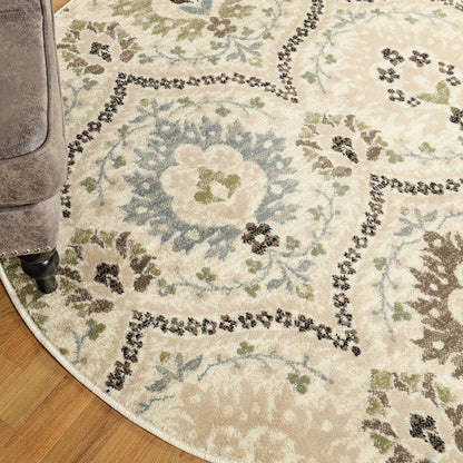 8' Round Ivory Gray And Olive Round Floral Stain Resistant Area Rug