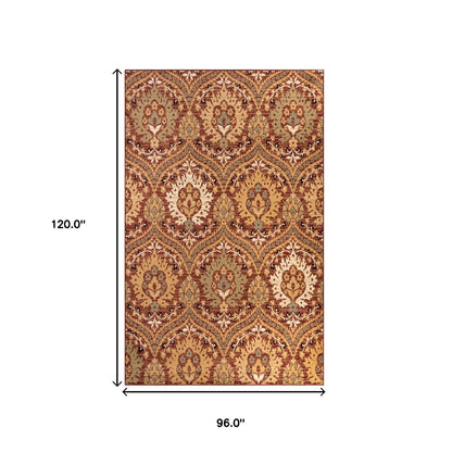 8' X 10' Red Olive And Gold Floral Stain Resistant Area Rug