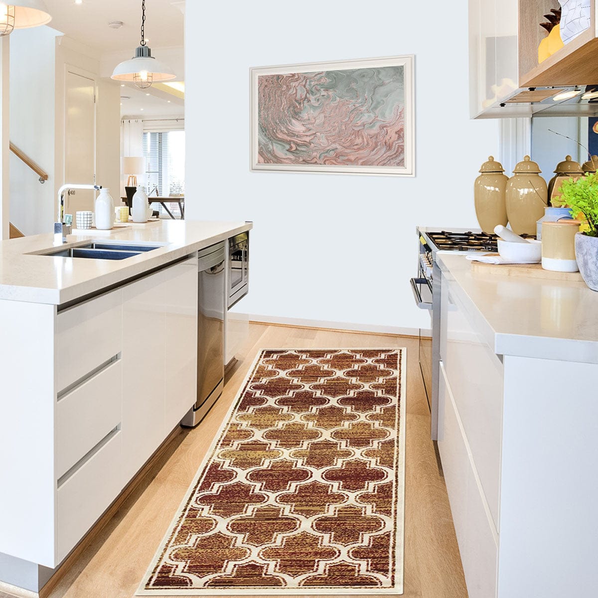 8' Brick And Gold Geometric Stain Resistant Runner Rug