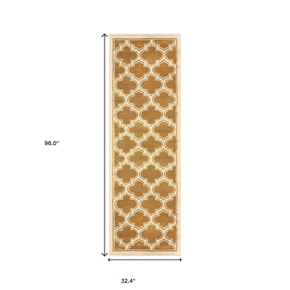 8' Apricot Brown Geometric Stain Resistant Runner Rug