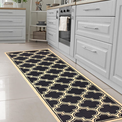 8' Dark Blue And Cream Geometric Stain Resistant Runner Rug