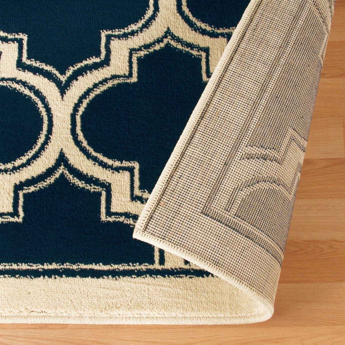 8' Dark Blue And Cream Geometric Stain Resistant Runner Rug