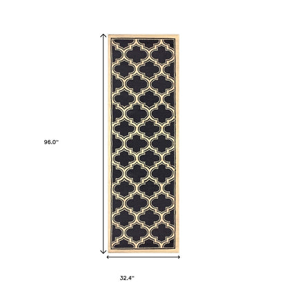 8' Dark Blue And Cream Geometric Stain Resistant Runner Rug