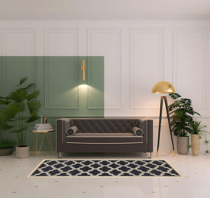 8' Dark Blue And Cream Geometric Stain Resistant Runner Rug