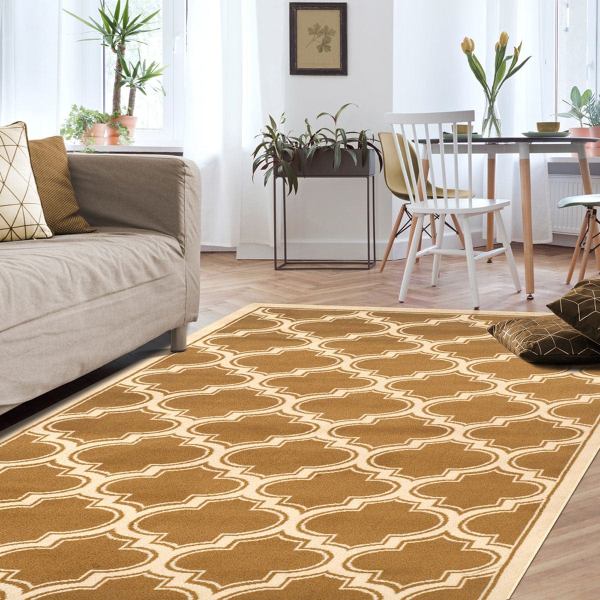 5' X 8' Apricot And Cream Geometric Stain Resistant Area Rug