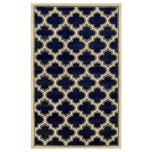 5' X 8' Dark Blue And Cream Geometric Stain Resistant Area Rug