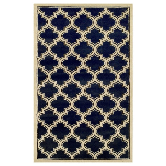 8' X 10' Dark Blue And Cream Geometric Stain Resistant Area Rug