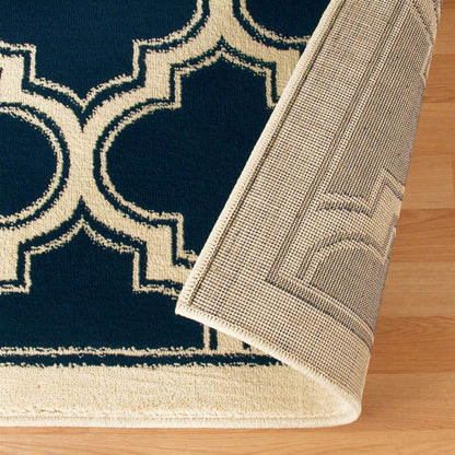 8' X 10' Dark Blue And Cream Geometric Stain Resistant Area Rug