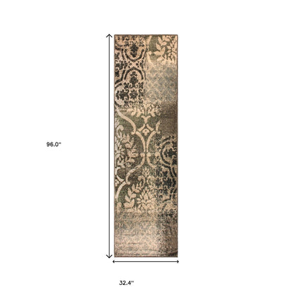 8' Ivory Light Blue Damask Distressed Stain Resistant Runner Rug