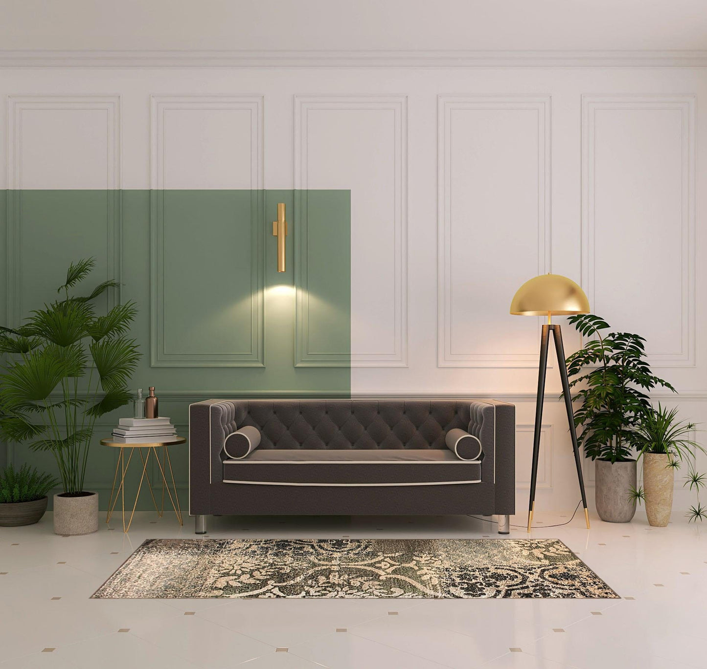 8' Ivory Light Blue Damask Distressed Stain Resistant Runner Rug