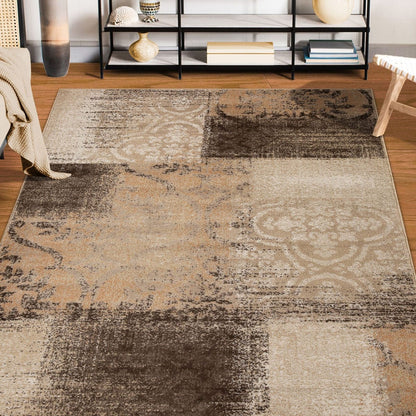 4' X 6' Beige Gray And Black Damask Distressed Stain Resistant Area Rug