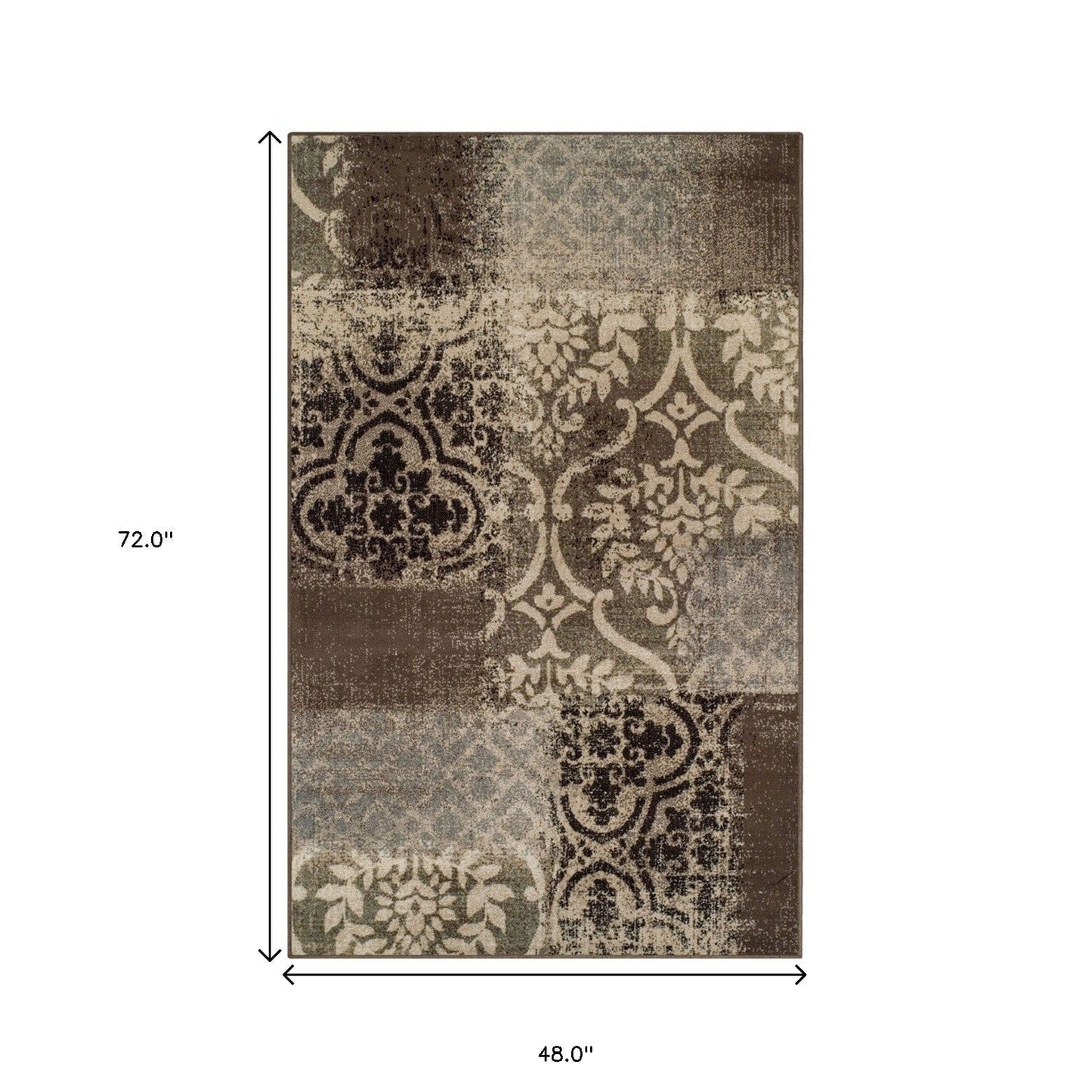 4' X 6' Ivory Light Blue Damask Distressed Stain Resistant Area Rug