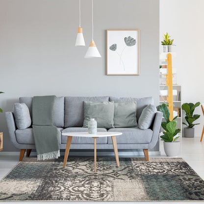 4' X 6' Teal And Gray Damask Distressed Stain Resistant Area Rug