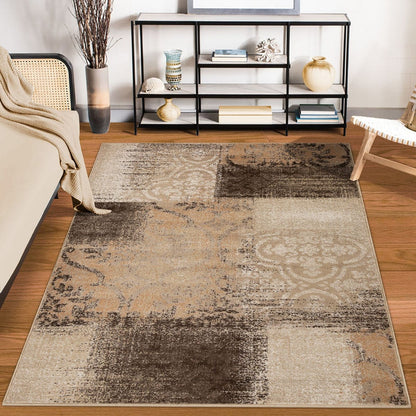 7' X 9' Beige Gray And Black Damask Distressed Stain Resistant Area Rug