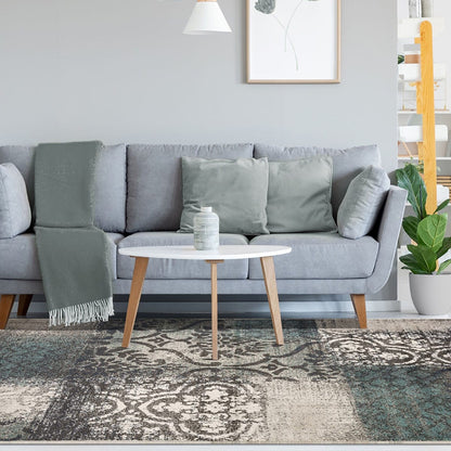 7' X 9' Teal And Gray Damask Distressed Stain Resistant Area Rug