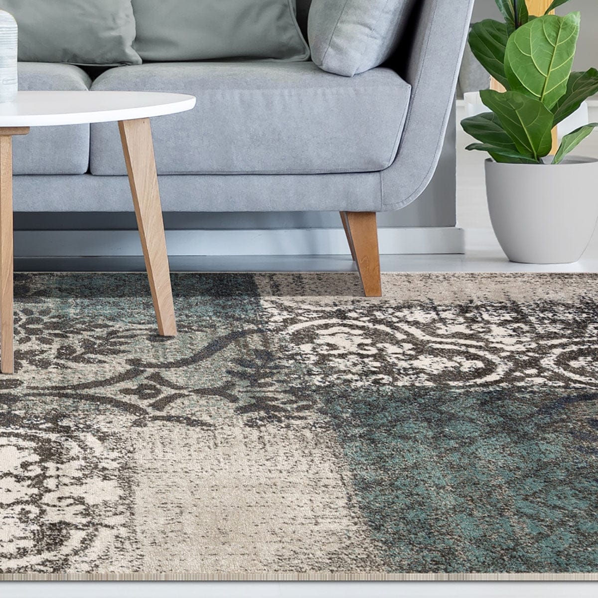 7' X 9' Teal And Gray Damask Distressed Stain Resistant Area Rug