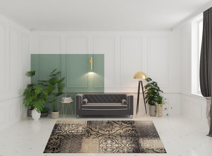 8' X 10' Tan And Brown Damask Distressed Stain Resistant Area Rug