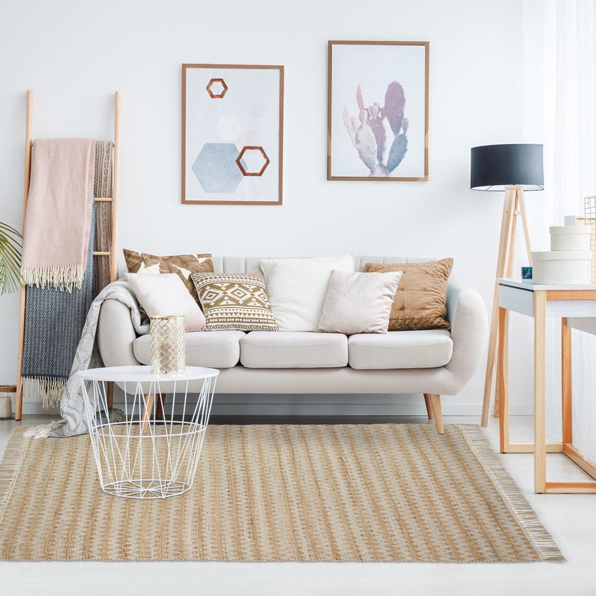 5' X 8' Cream Chevron Hand Woven Stain Resistant Area Rug With Fringe