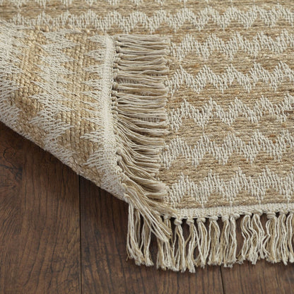 5' X 8' Cream Chevron Hand Woven Stain Resistant Area Rug With Fringe