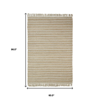 5' X 8' Cream Chevron Hand Woven Stain Resistant Area Rug With Fringe