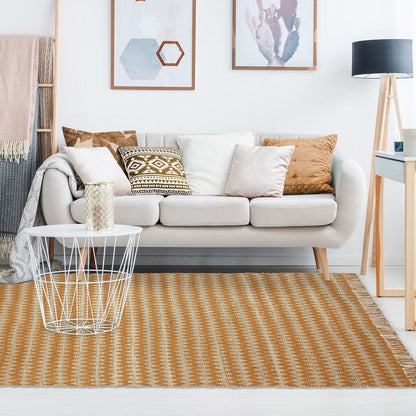 5' X 8' Gold Chevron Hand Woven Stain Resistant Area Rug With Fringe