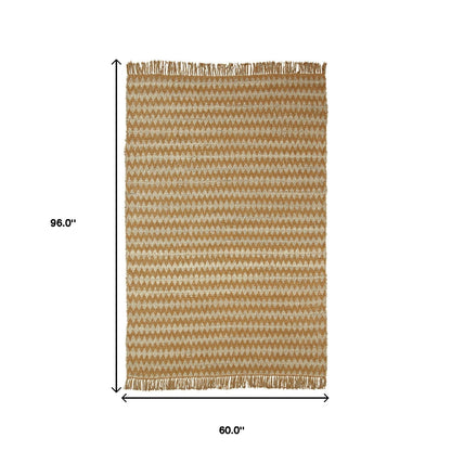 5' X 8' Gold Chevron Hand Woven Stain Resistant Area Rug With Fringe