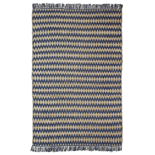 5' X 8' Navy Peony Chevron Hand Woven Stain Resistant Area Rug With Fringe