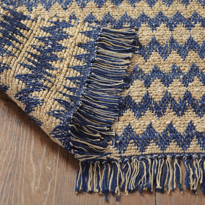 5' X 8' Navy Peony Chevron Hand Woven Stain Resistant Area Rug With Fringe