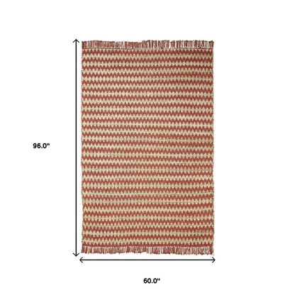 5' X 8' Terracotta Chevron Hand Woven Stain Resistant Area Rug With Fringe