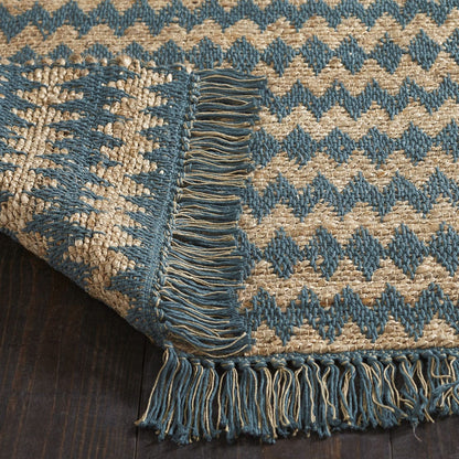 5' X 8' Teal Chevron Hand Woven Stain Resistant Area Rug With Fringe
