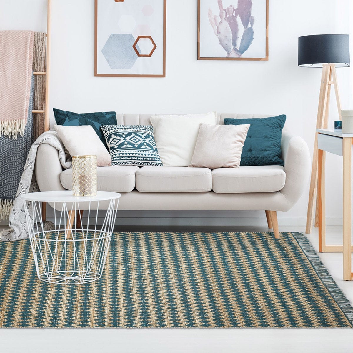 5' X 8' Teal Chevron Hand Woven Stain Resistant Area Rug With Fringe