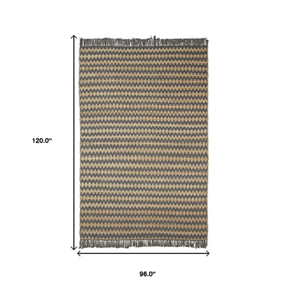 8' X 10' Grey Chevron Hand Woven Stain Resistant Area Rug With Fringe