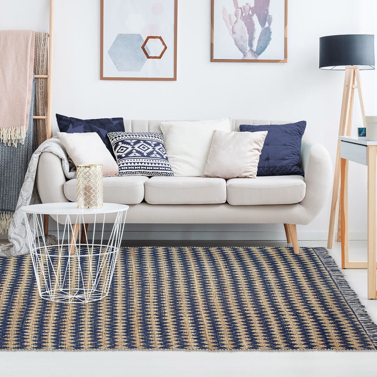 8' X 10' Navy Peony Chevron Hand Woven Stain Resistant Area Rug With Fringe