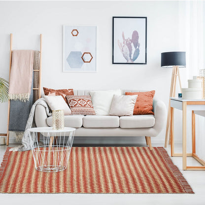 8' X 10' Terracotta Chevron Hand Woven Stain Resistant Area Rug With Fringe