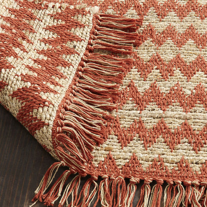 8' X 10' Terracotta Chevron Hand Woven Stain Resistant Area Rug With Fringe