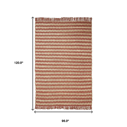 8' X 10' Terracotta Chevron Hand Woven Stain Resistant Area Rug With Fringe