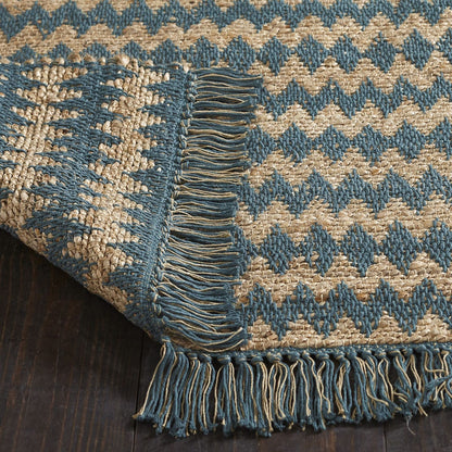 8' X 10' Teal Chevron Hand Woven Stain Resistant Area Rug With Fringe
