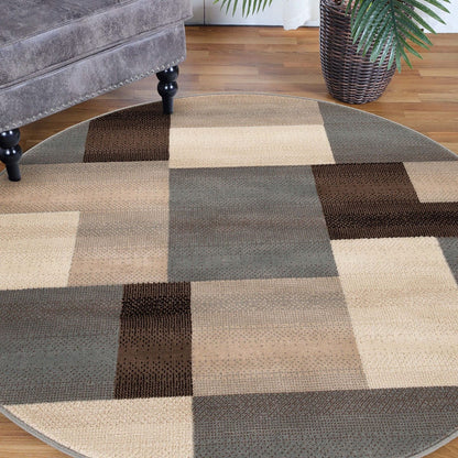 5' Round Grey-Brown Round Patchwork Power Loom Stain Resistant Area Rug