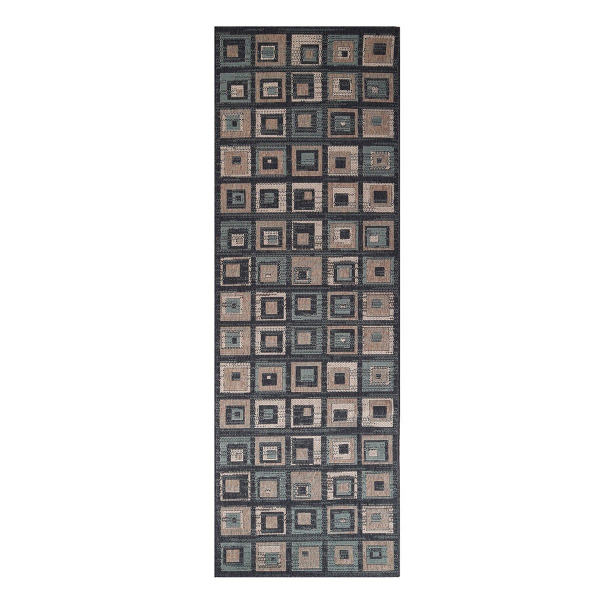 8' Color Block Beige And Teal Checkered Stain Resistant Runner Rug