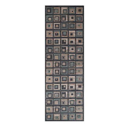 8' Color Block Beige And Teal Checkered Stain Resistant Runner Rug