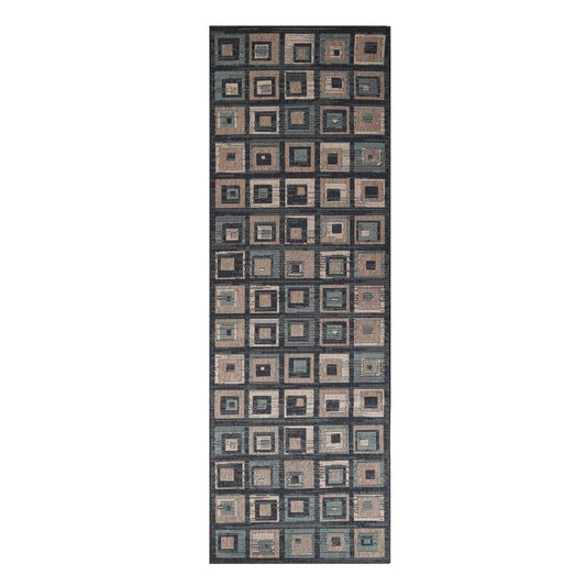 8' Color Block Beige And Teal Checkered Stain Resistant Runner Rug