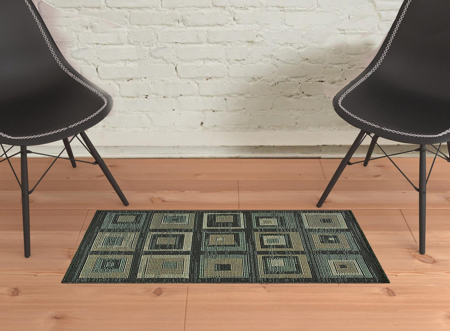 2' X 3' Color Block Beige And Teal Checkered Stain Resistant Area Rug