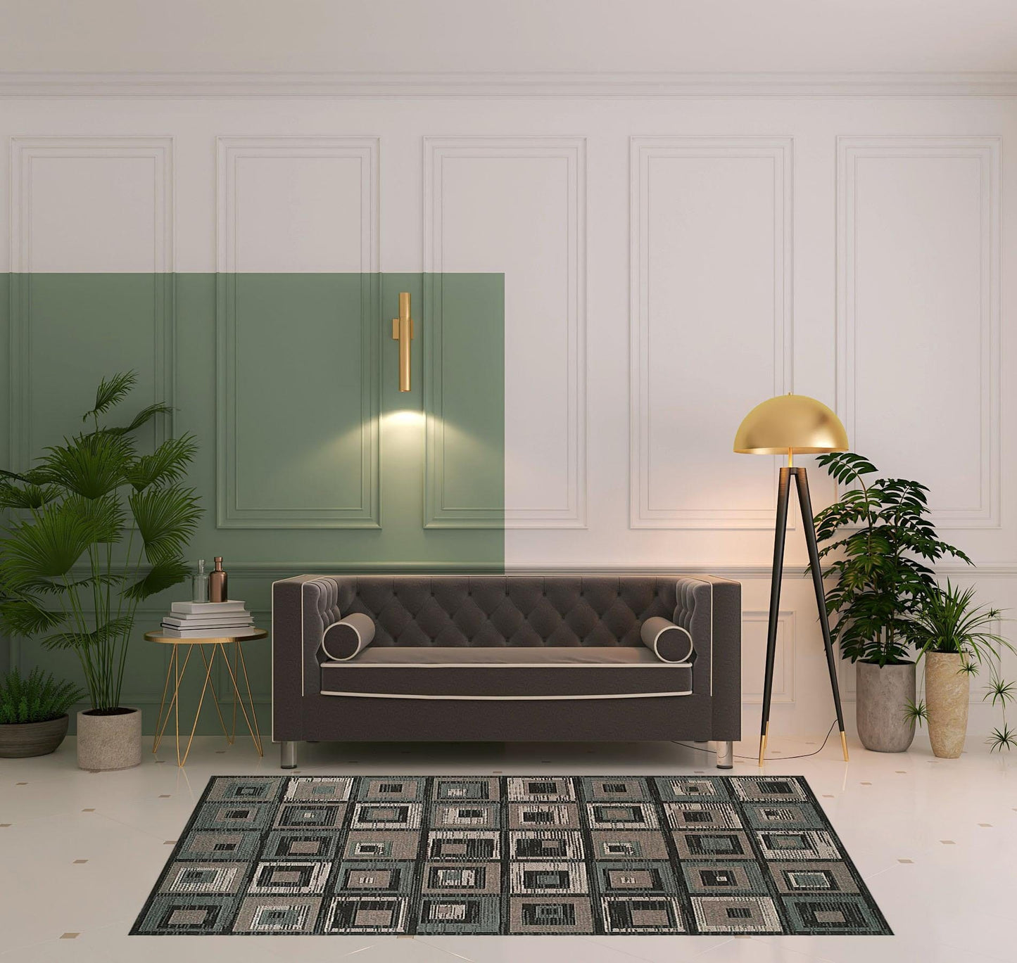 5' X 8' Color Block Beige And Teal Checkered Stain Resistant Area Rug